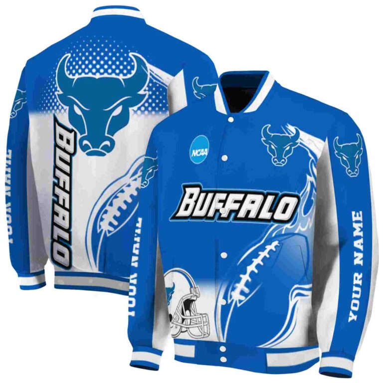 custom buffalo bulls flaming football royal blue white jacket fashion forward jacketwow