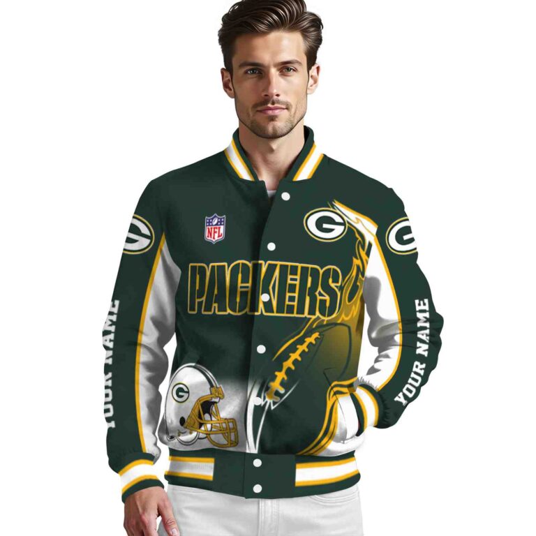 custom green bay packers flaming football green white jacket high quality jacketwow