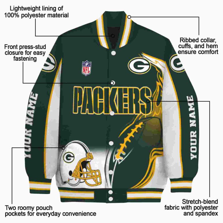 custom green bay packers flaming football green white jacket new arrival jacketwow