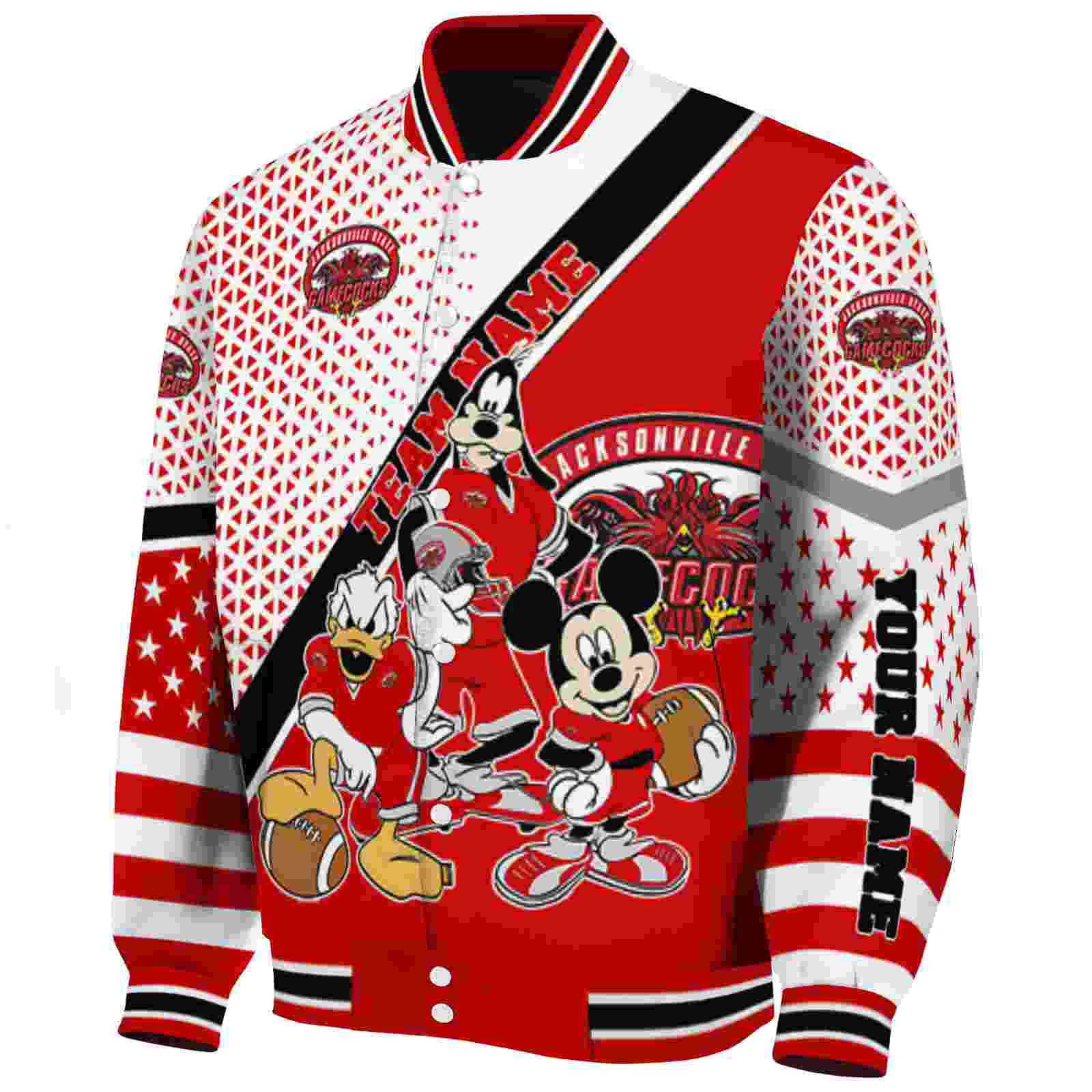 custom jacksonville state gamecocks mickey donald goofy red white jacket best selling jacketwow custom jacksonville state gamecocks mickey donald goofy red white jacket best selling jacketwow