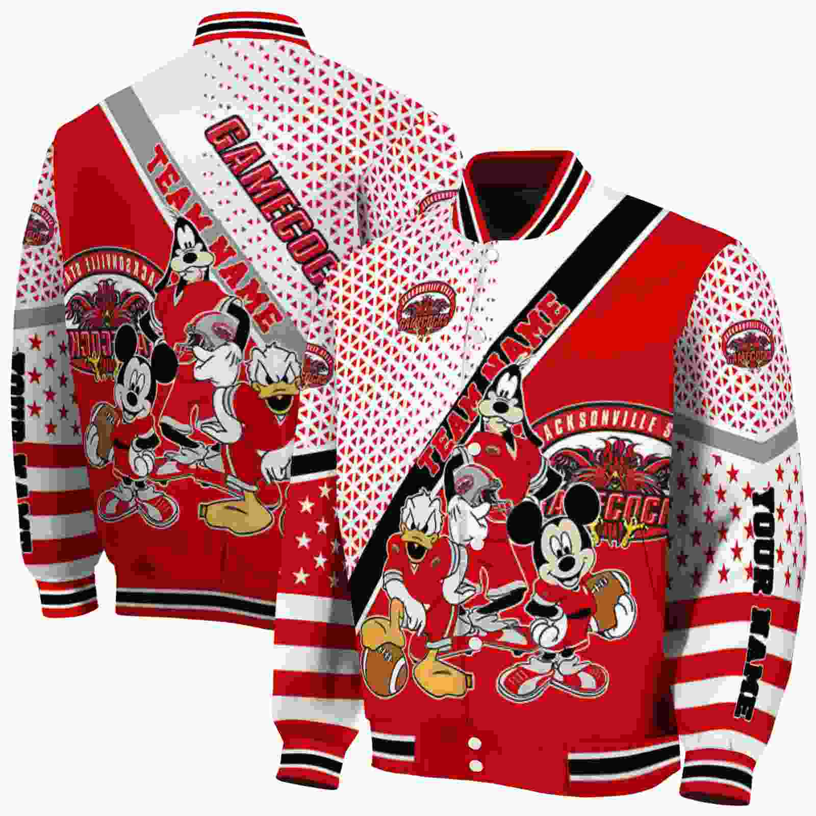 custom jacksonville state gamecocks mickey donald goofy red white jacket fashion forward jacketwow custom jacksonville state gamecocks mickey donald goofy red white jacket fashion forward jacketwow