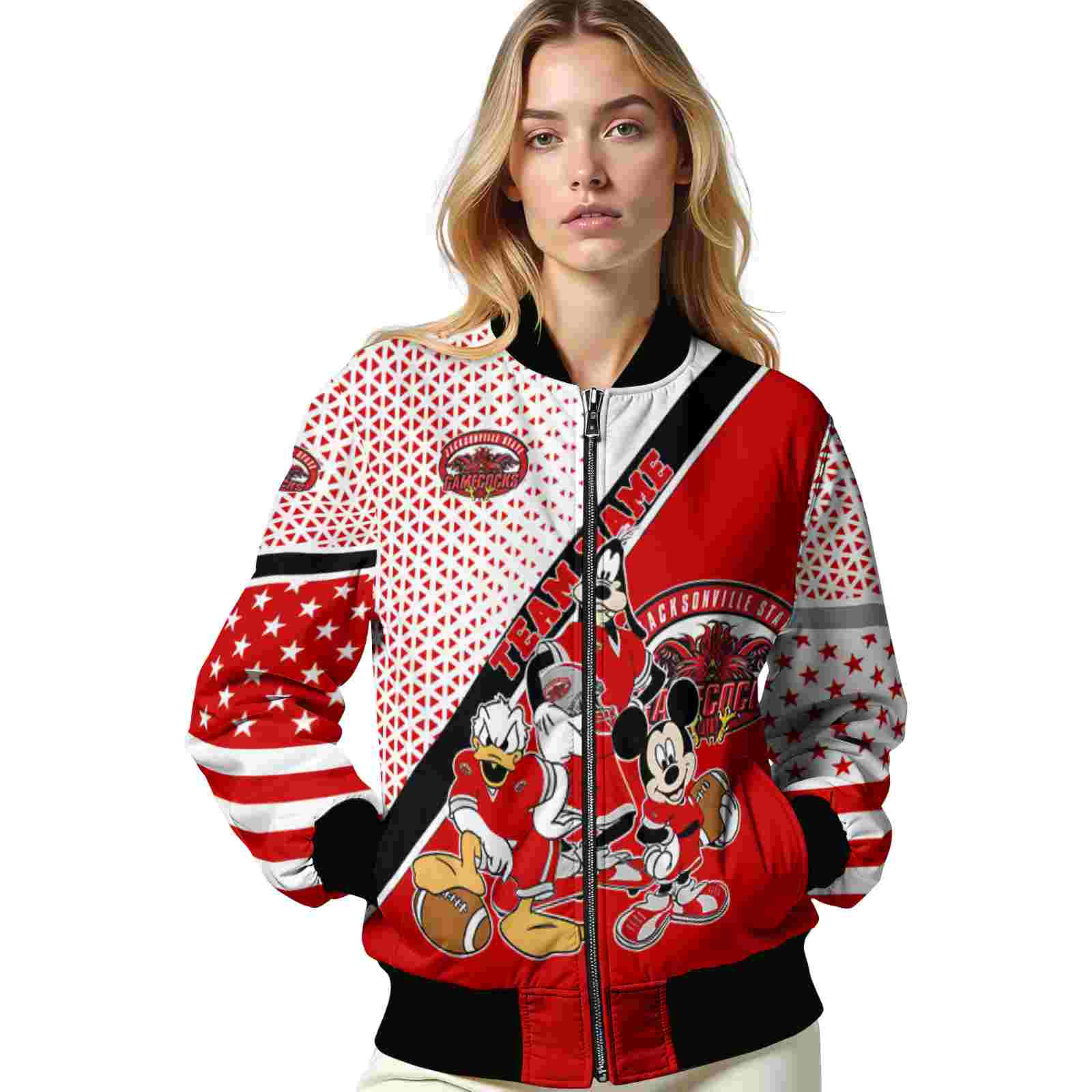 custom jacksonville state gamecocks mickey donald goofy red white jacket latest model jacketwow custom jacksonville state gamecocks mickey donald goofy red white jacket latest model jacketwow