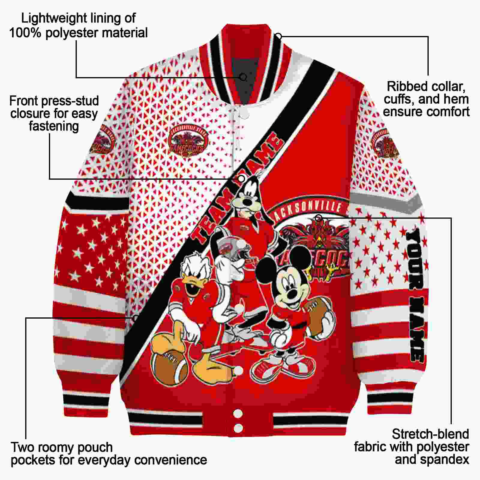custom jacksonville state gamecocks mickey donald goofy red white jacket new arrival jacketwow custom jacksonville state gamecocks mickey donald goofy red white jacket new arrival jacketwow