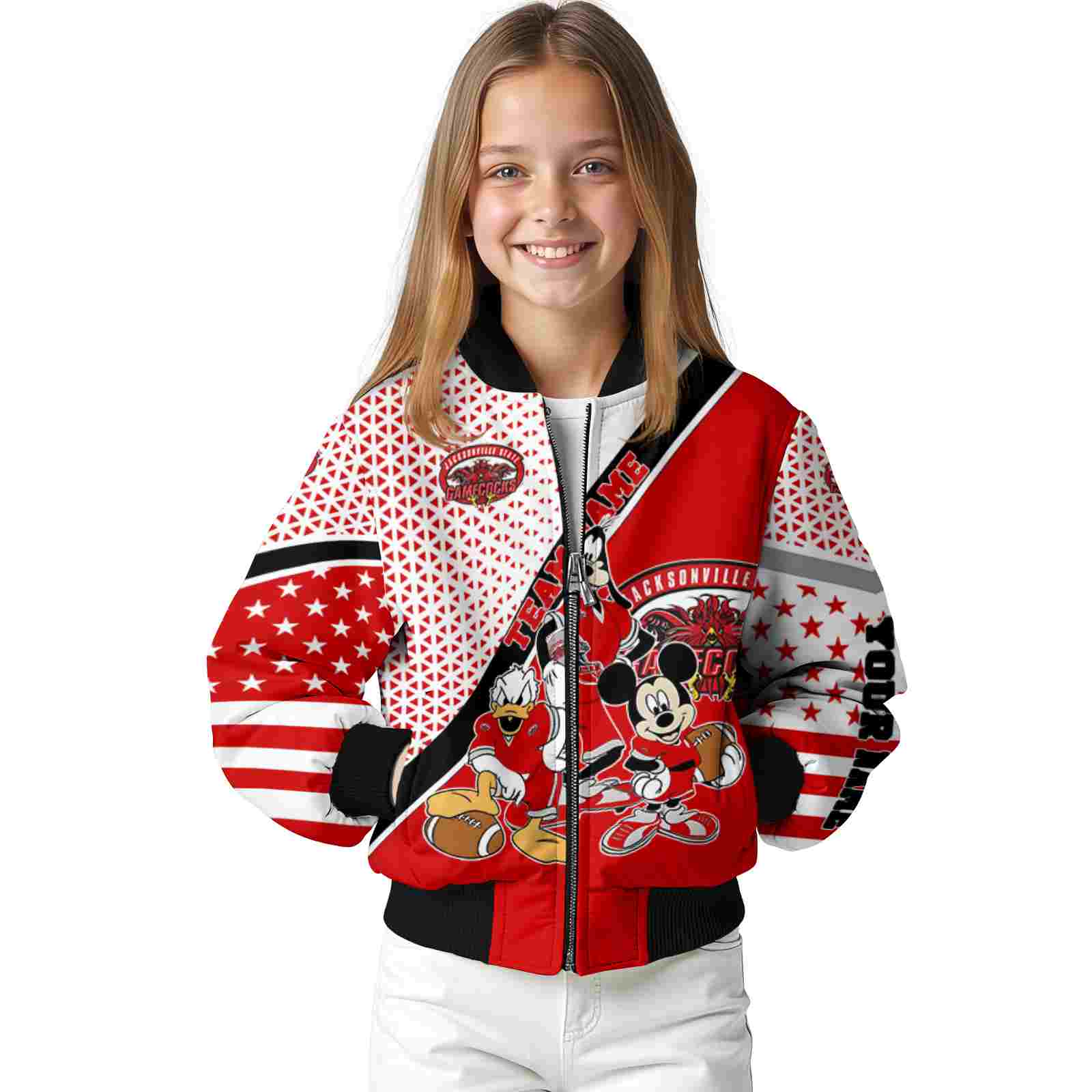 custom jacksonville state gamecocks mickey donald goofy red white jacket top rated jacketwow custom jacksonville state gamecocks mickey donald goofy red white jacket top rated jacketwow