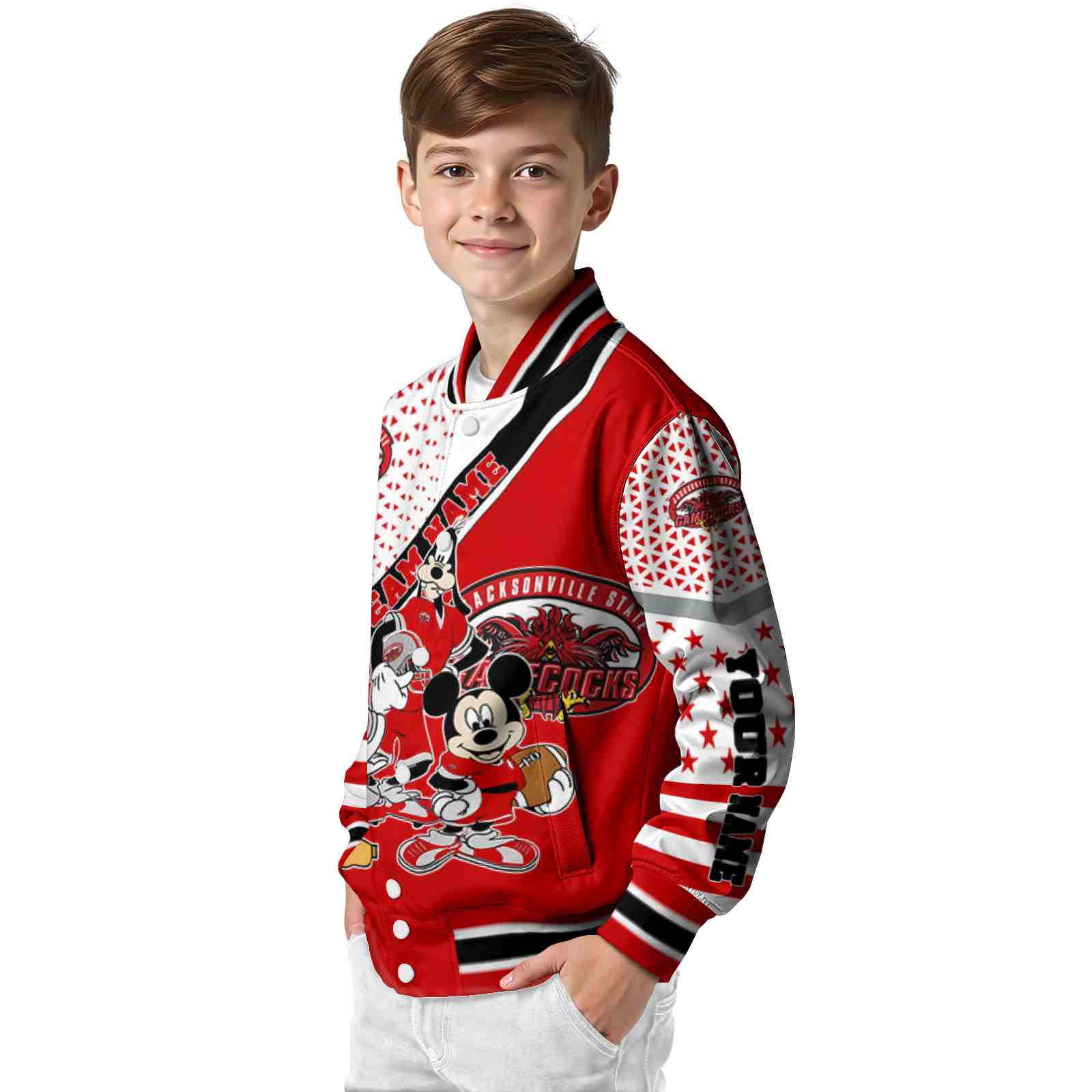 custom jacksonville state gamecocks mickey donald goofy red white jacket trendy jacketwow custom jacksonville state gamecocks mickey donald goofy red white jacket trendy jacketwow