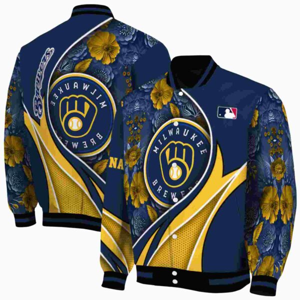 custom milwaukee brewers floral print navy blue jacket fashion forward jacketwow