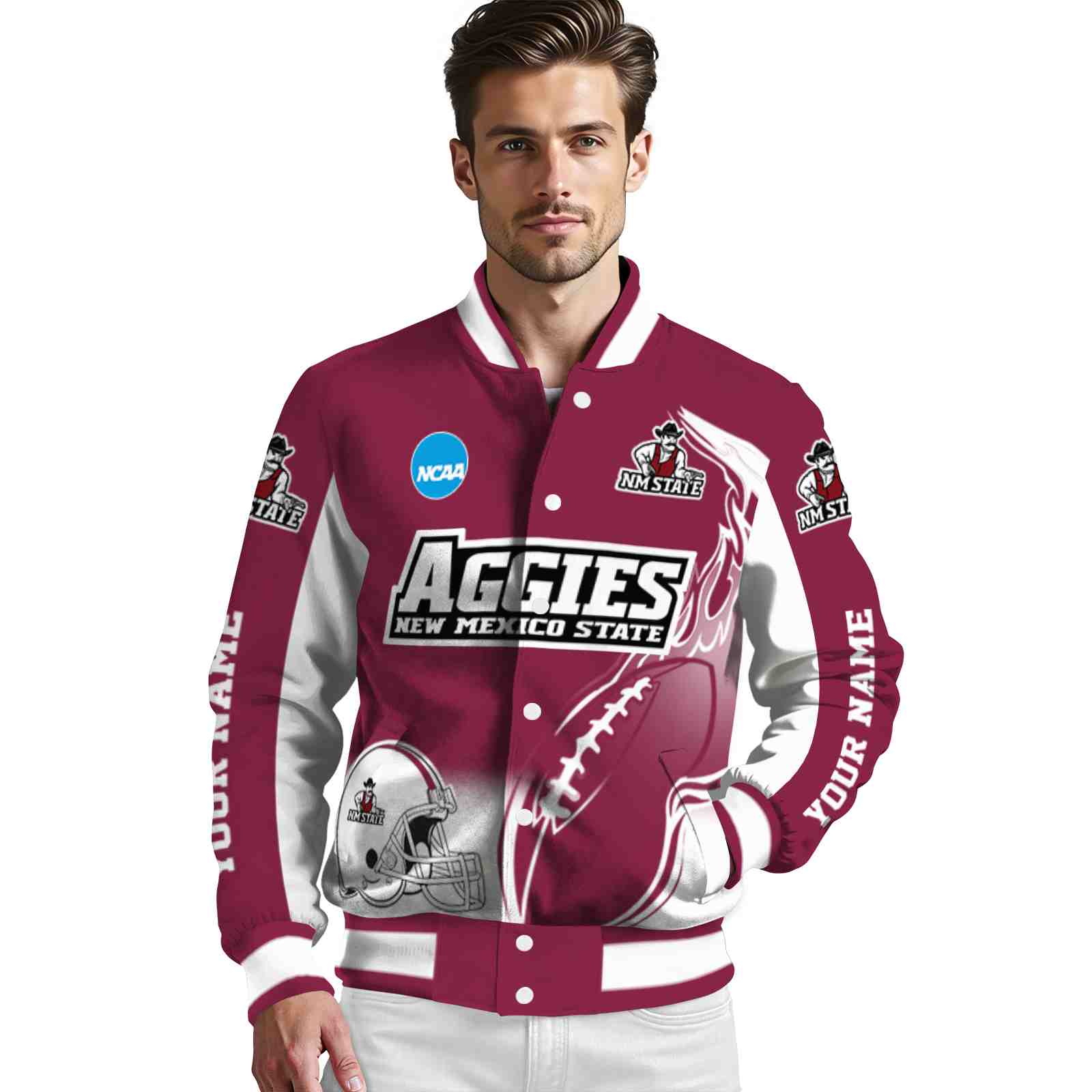 custom new mexico state aggies flaming football crimson white jacket high quality jacketwow custom new mexico state aggies flaming football crimson white jacket high quality jacketwow