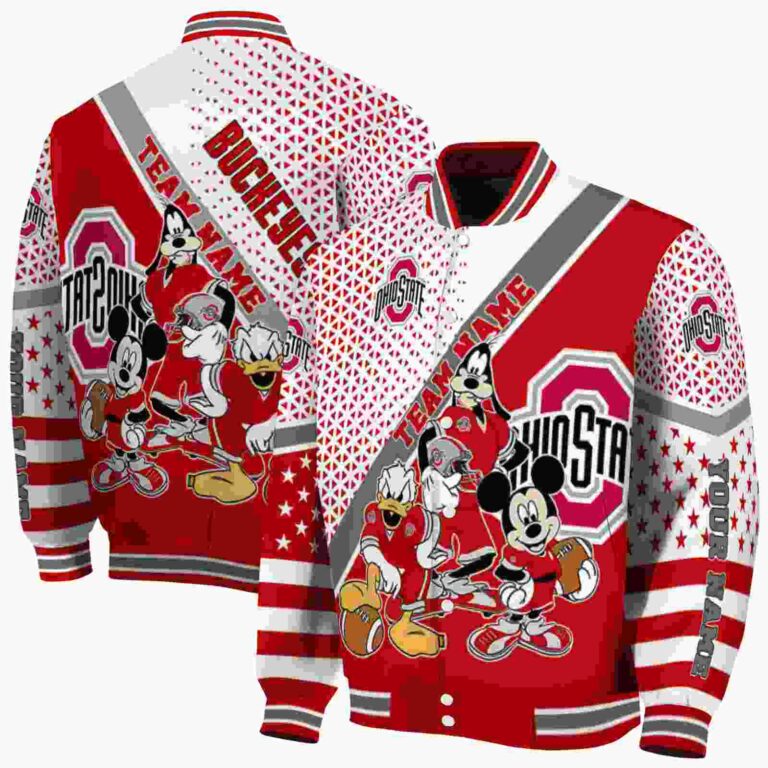 custom ohio state buckeyes mickey donald goofy scarlet white jacket fashion forward jacketwow