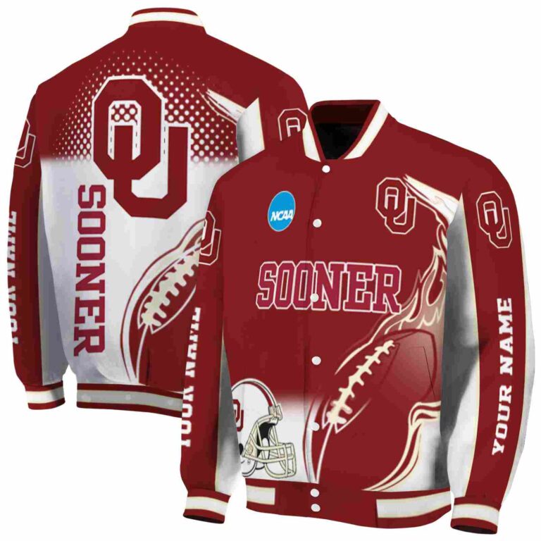 custom oklahoma sooners flaming football crimson white jacket fashion forward jacketwow