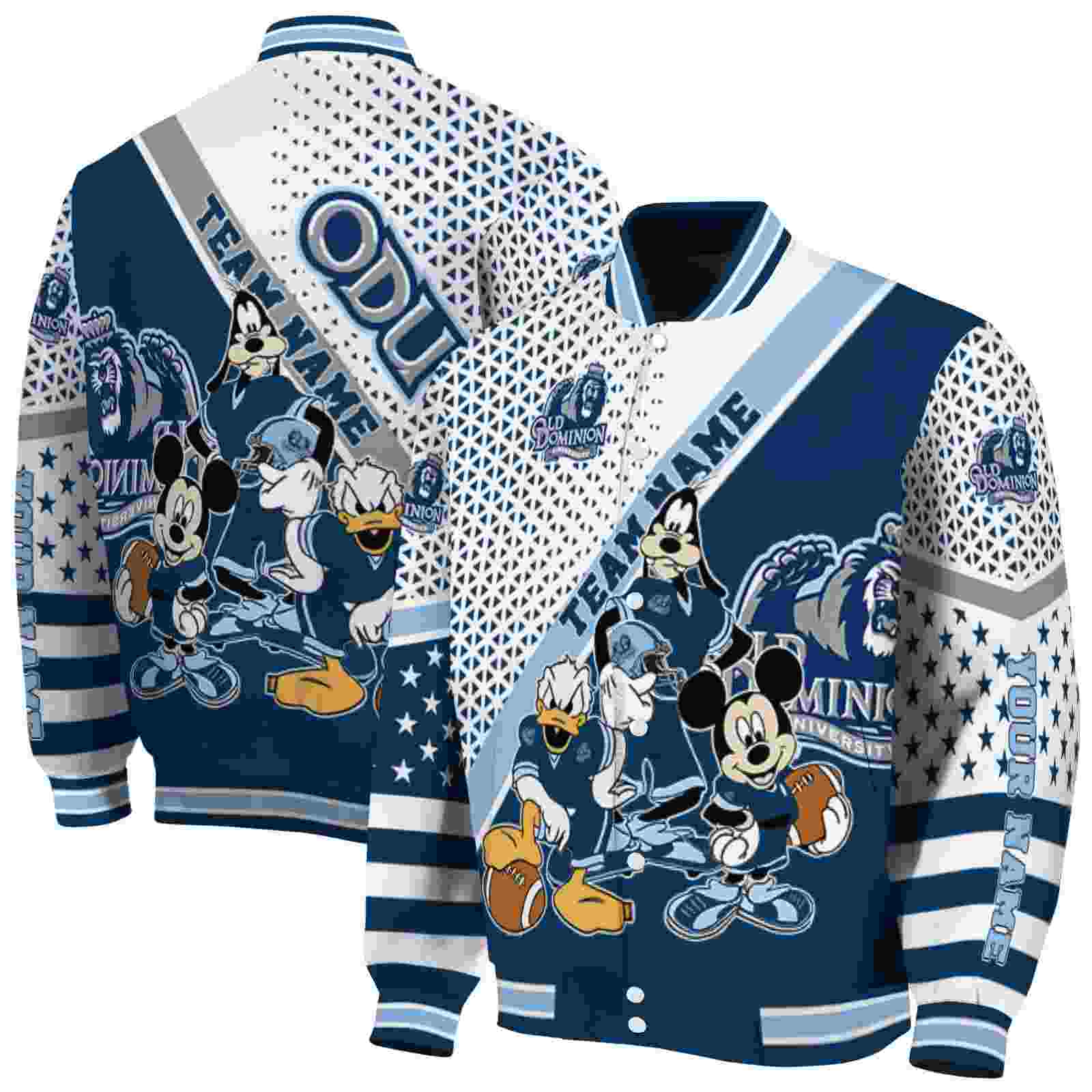 custom old dominion monarchs mickey donald goofy blue white jacket fashion forward jacketwow custom old dominion monarchs mickey donald goofy blue white jacket fashion forward jacketwow