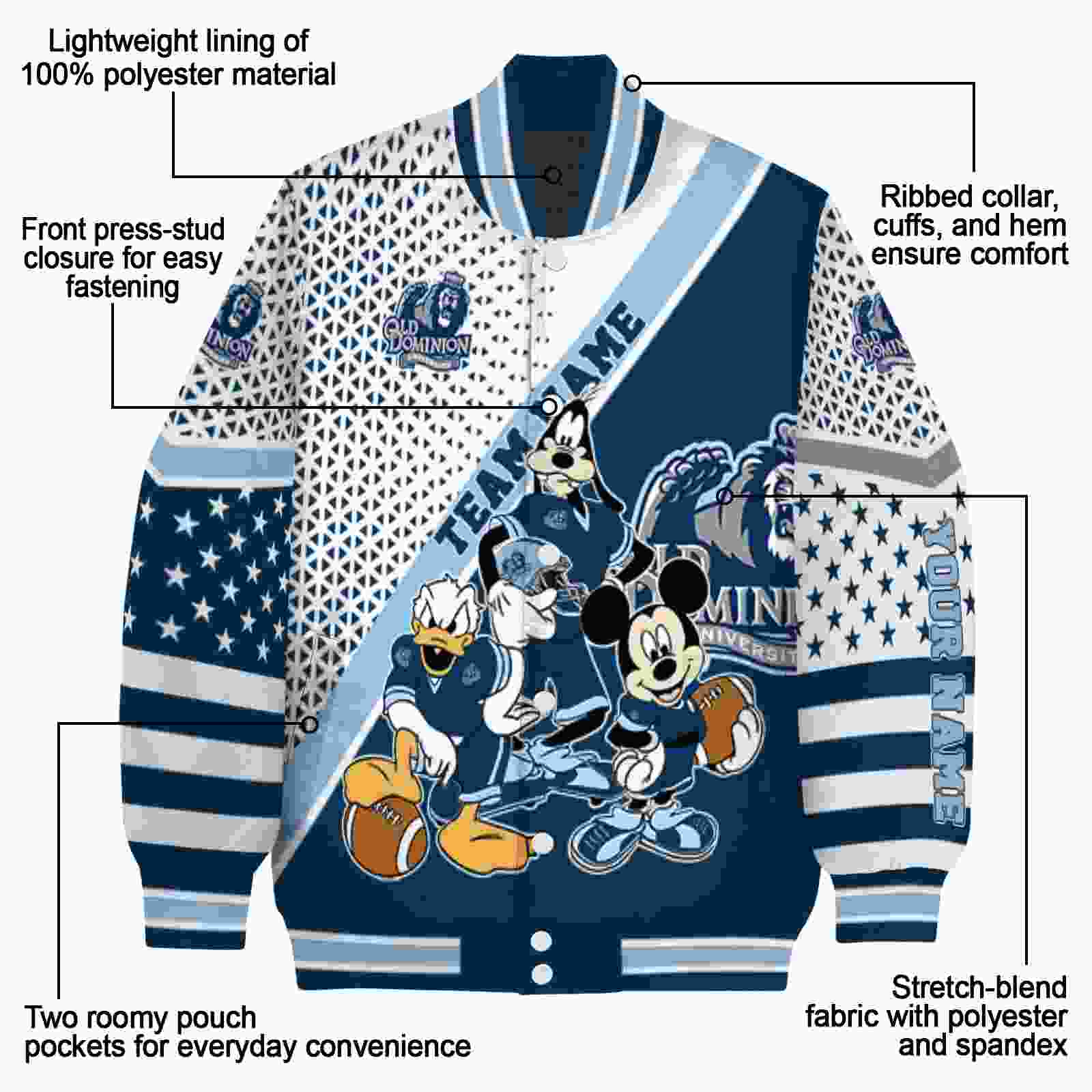 custom old dominion monarchs mickey donald goofy blue white jacket new arrival jacketwow custom old dominion monarchs mickey donald goofy blue white jacket new arrival jacketwow