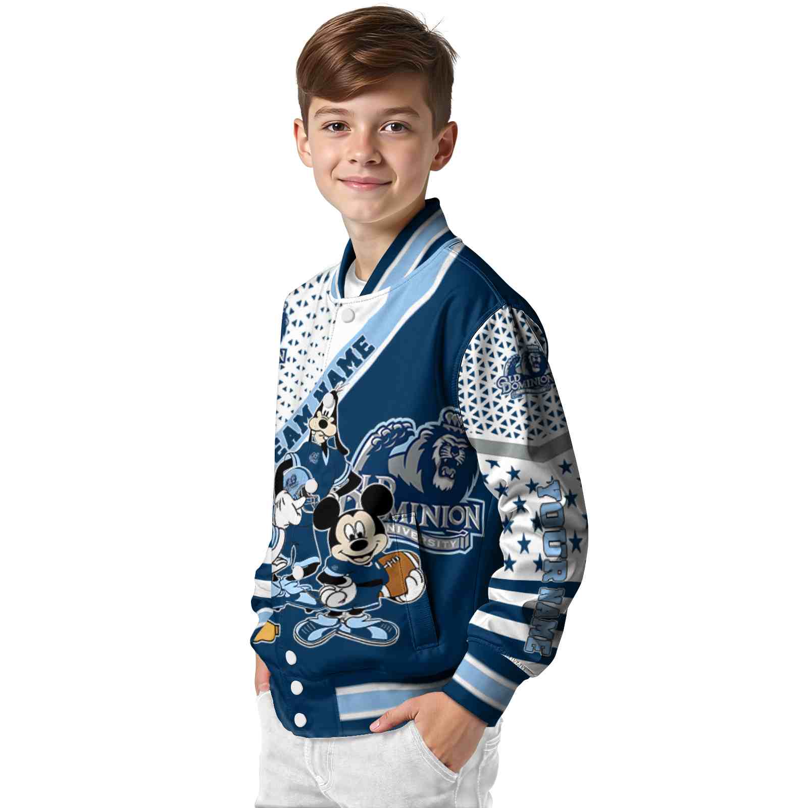 custom old dominion monarchs mickey donald goofy blue white jacket trendy jacketwow custom old dominion monarchs mickey donald goofy blue white jacket trendy jacketwow