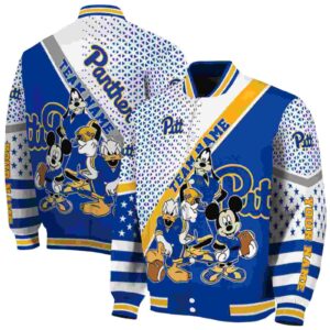 custom pittsburgh panthers mickey donald goofy royal blue white jacket fashion forward jacketwow