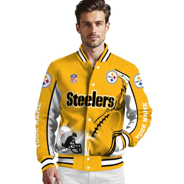 custom pittsburgh steelers flaming football gold white jacket high quality jacketwow