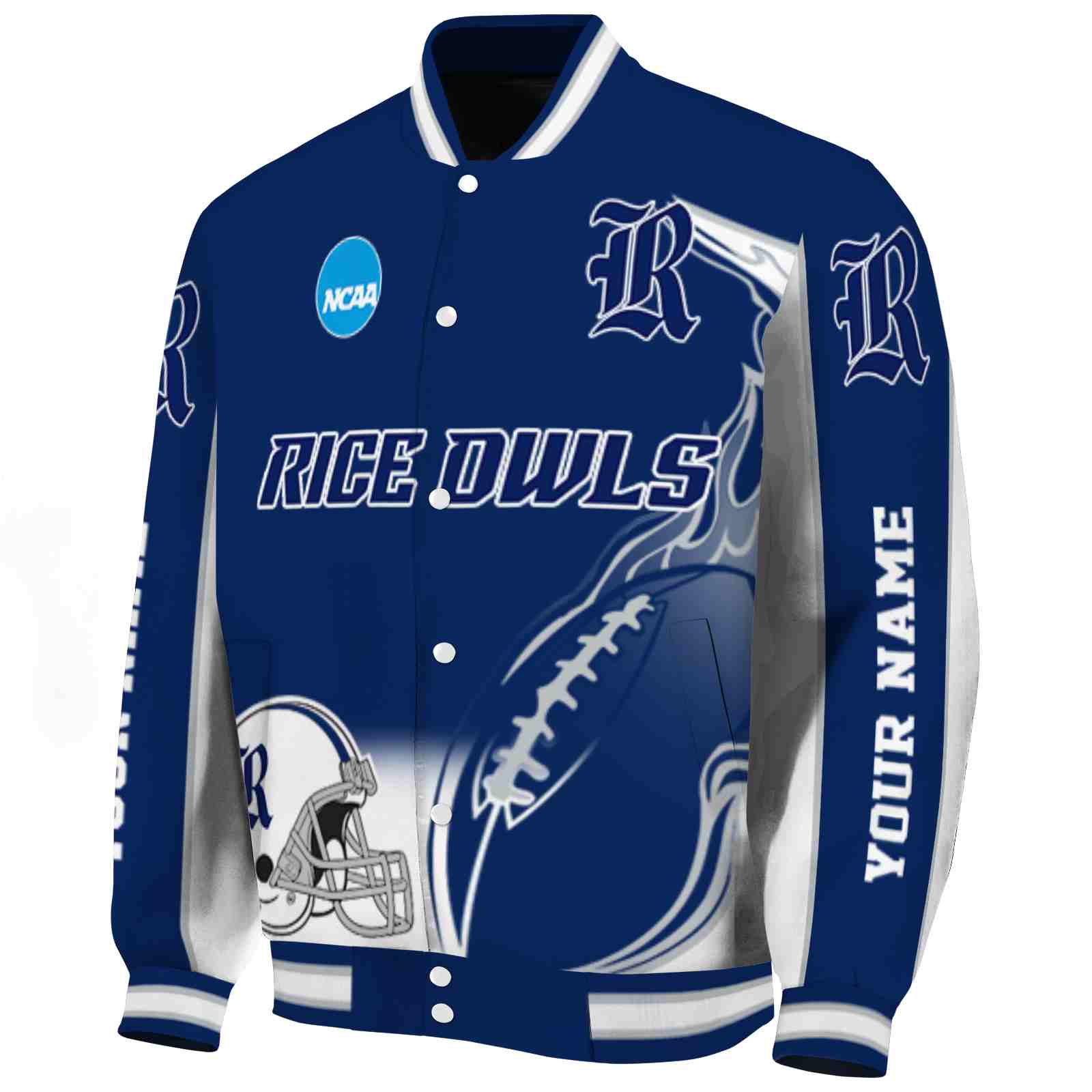 custom rice owls flaming football navy blue white jacket best selling jacketwow custom rice owls flaming football navy blue white jacket best selling jacketwow