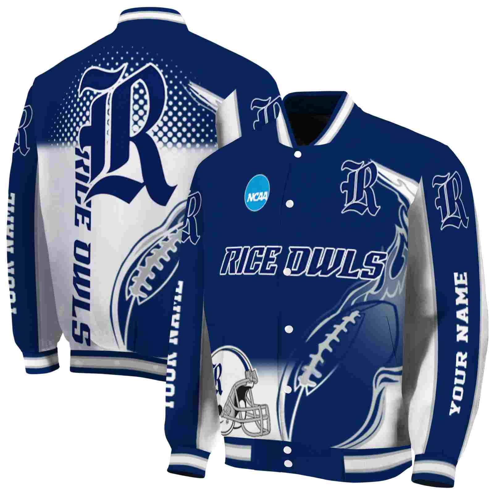 custom rice owls flaming football navy blue white jacket fashion forward jacketwow custom rice owls flaming football navy blue white jacket fashion forward jacketwow