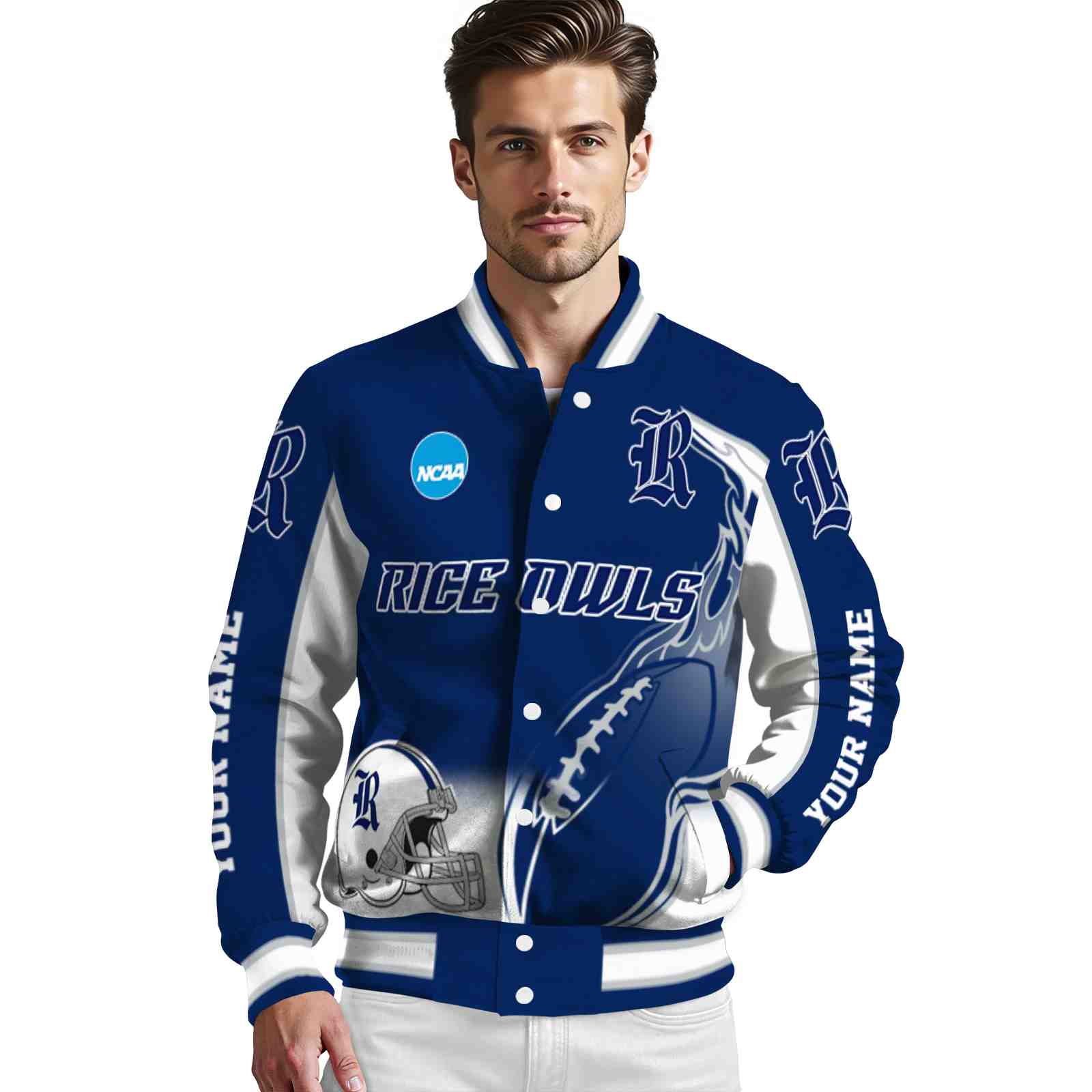 custom rice owls flaming football navy blue white jacket high quality jacketwow custom rice owls flaming football navy blue white jacket high quality jacketwow