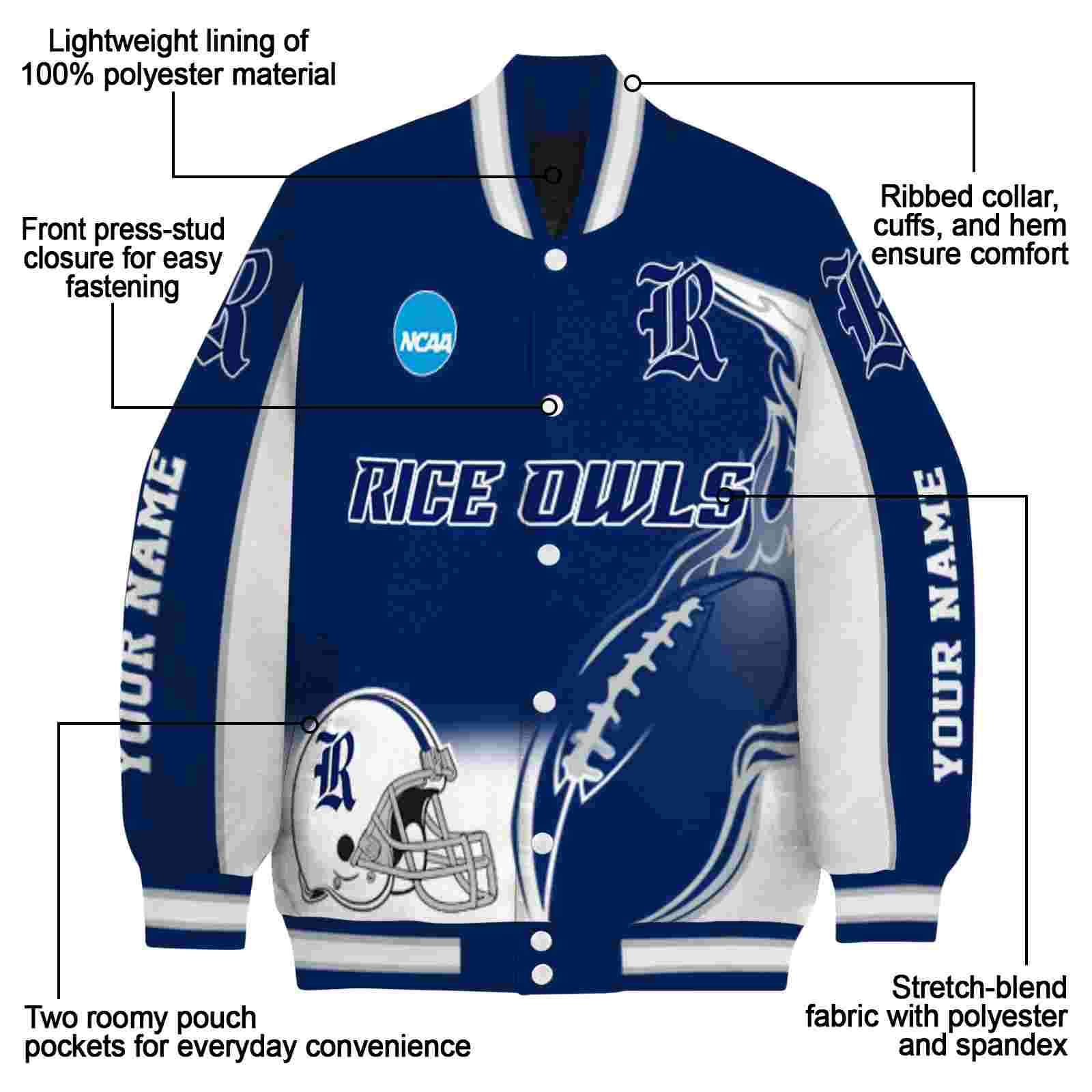 custom rice owls flaming football navy blue white jacket new arrival jacketwow custom rice owls flaming football navy blue white jacket new arrival jacketwow