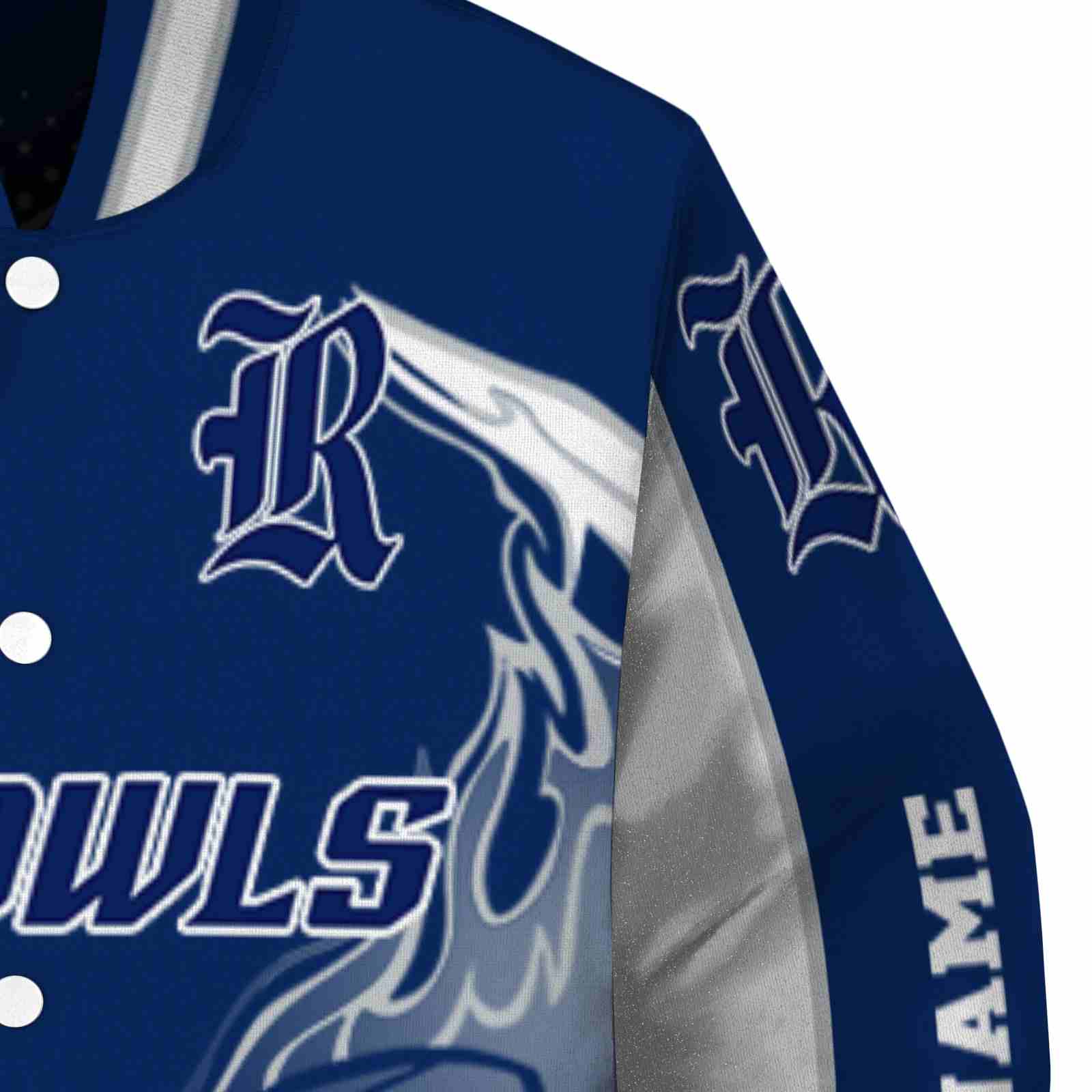 custom rice owls flaming football navy blue white jacket premium grade jacketwow custom rice owls flaming football navy blue white jacket premium grade jacketwow