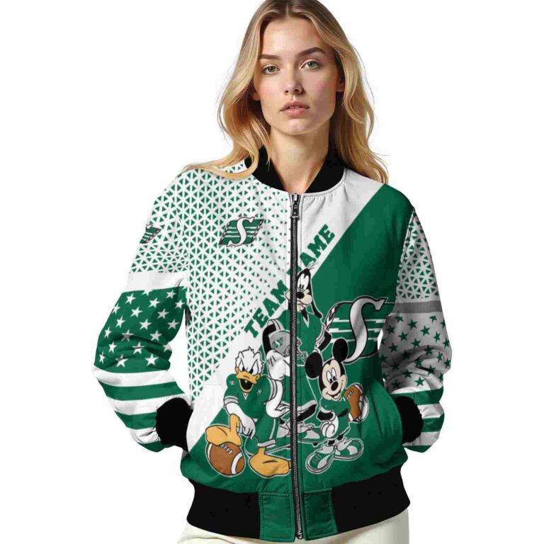 custom saskatchewan roughriders mickey donald goofy green white jacket latest model jacketwow