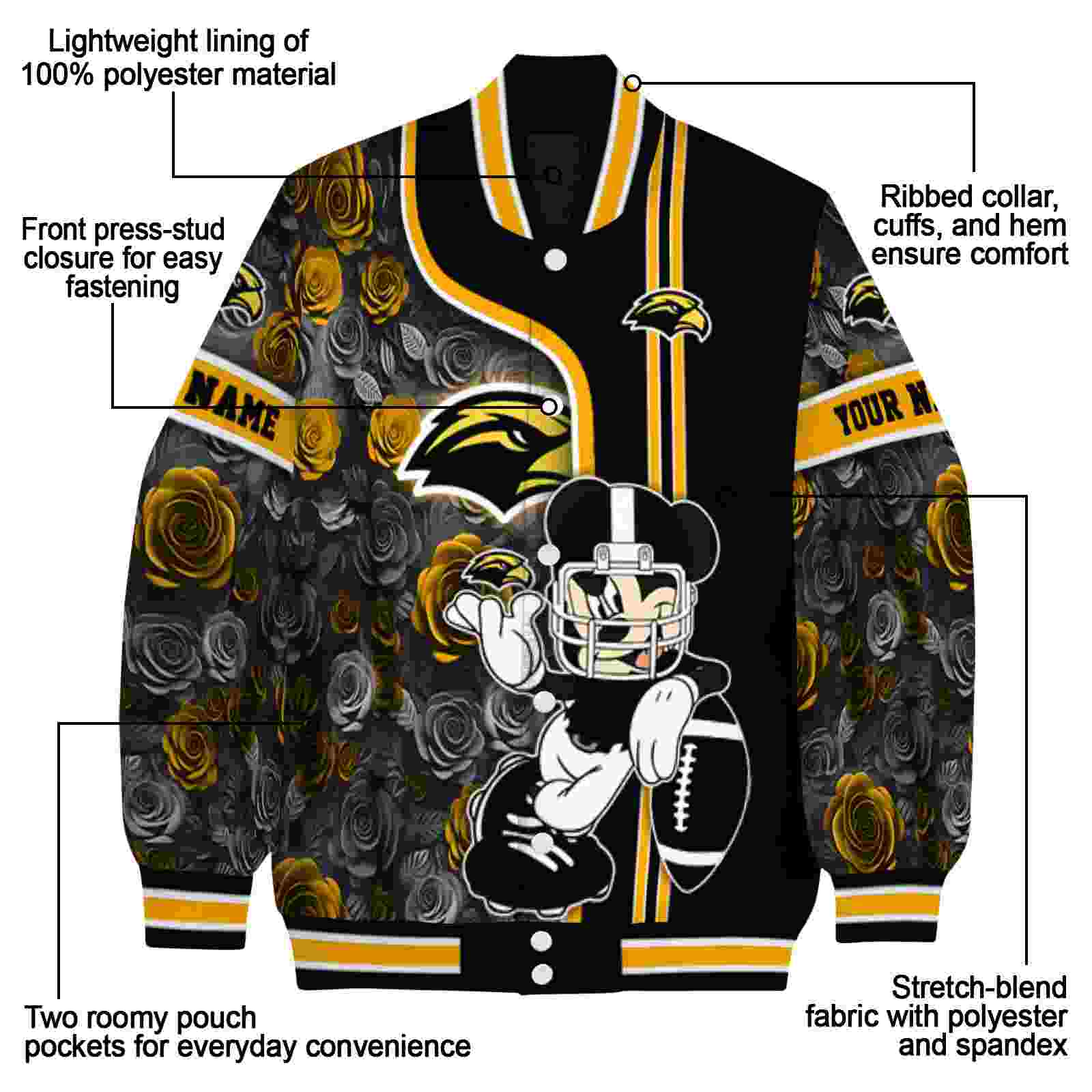 custom southern miss golden eagles rose mickey black jacket new arrival jacketwow custom southern miss golden eagles rose mickey black jacket new arrival jacketwow