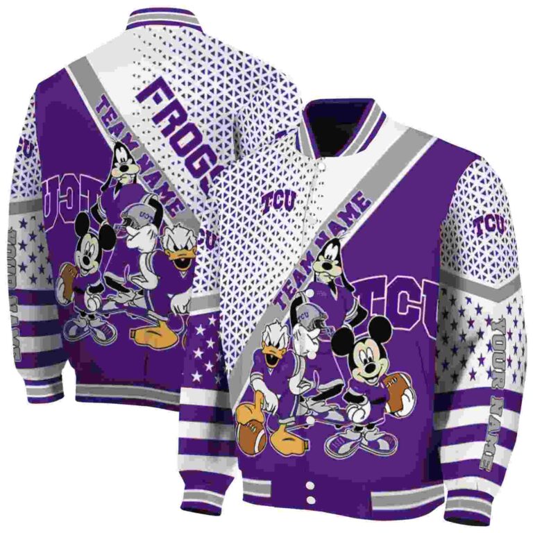custom tcu horned frogs mickey donald goofy purple white jacket fashion forward jacketwow