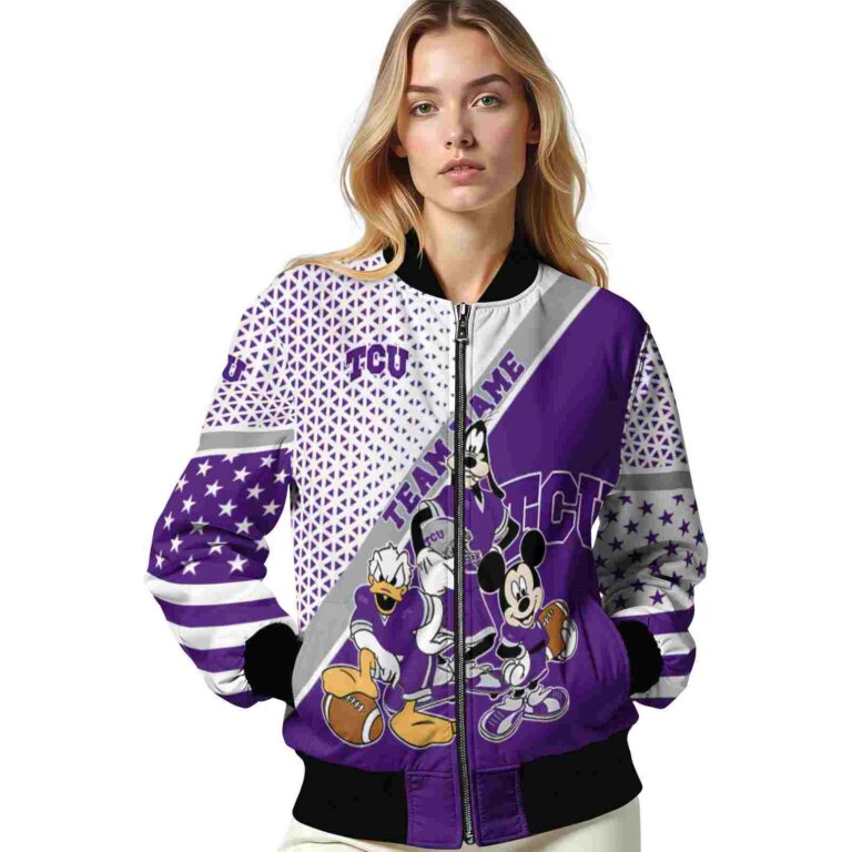 custom tcu horned frogs mickey donald goofy purple white jacket latest model jacketwow