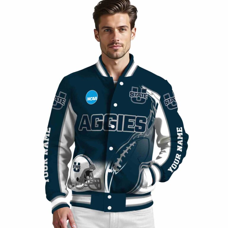 custom utah state aggies flaming football navy white jacket high quality jacketwow