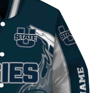 custom utah state aggies flaming football navy white jacket premium grade jacketwow