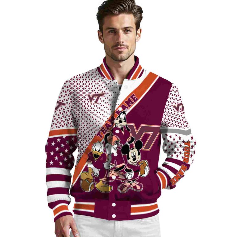 custom virginia tech hokies mickey donald goofy maroon white jacket high quality jacketwow