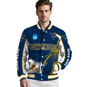 custom west virginia mountaineers flaming football blue white jacket high quality jacketwow