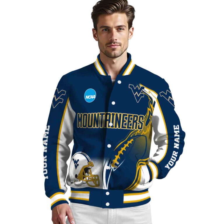 custom west virginia mountaineers flaming football blue white jacket high quality jacketwow