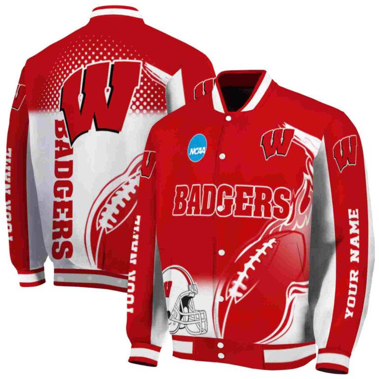 custom wisconsin badgers flaming football red white jacket fashion forward jacketwow