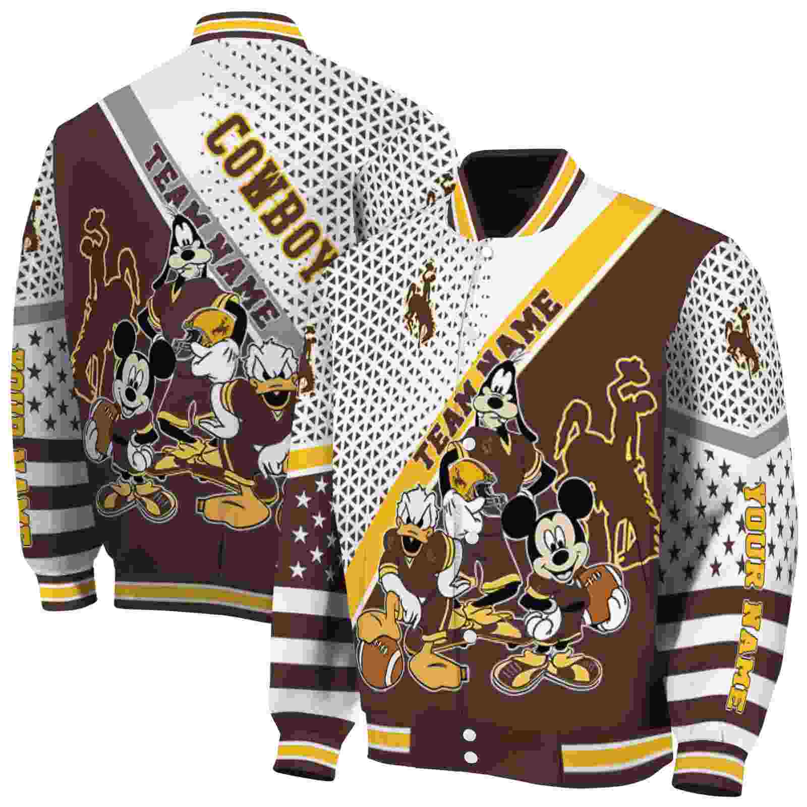 custom wyoming cowboys mickey donald goofy brown white jacket fashion forward jacketwow custom wyoming cowboys mickey donald goofy brown white jacket fashion forward jacketwow