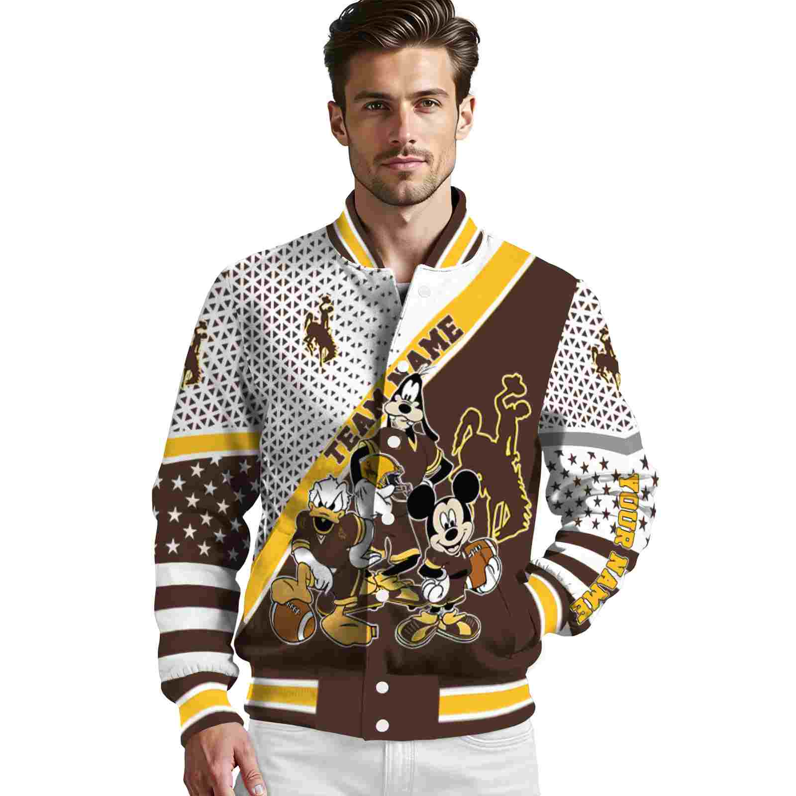 custom wyoming cowboys mickey donald goofy brown white jacket high quality jacketwow custom wyoming cowboys mickey donald goofy brown white jacket high quality jacketwow