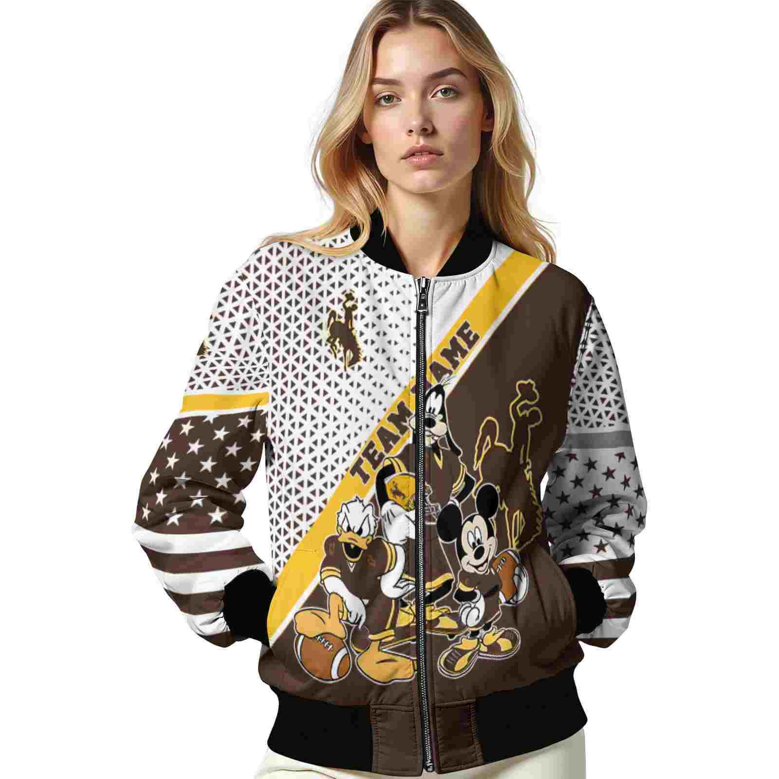 custom wyoming cowboys mickey donald goofy brown white jacket latest model jacketwow custom wyoming cowboys mickey donald goofy brown white jacket latest model jacketwow