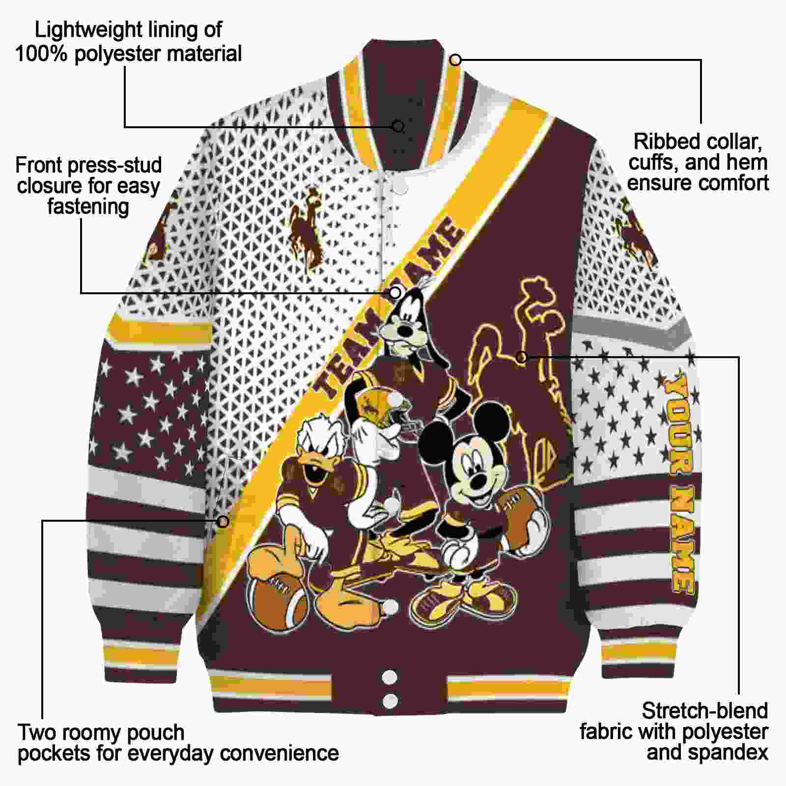 custom wyoming cowboys mickey donald goofy brown white jacket new arrival jacketwow custom wyoming cowboys mickey donald goofy brown white jacket new arrival jacketwow