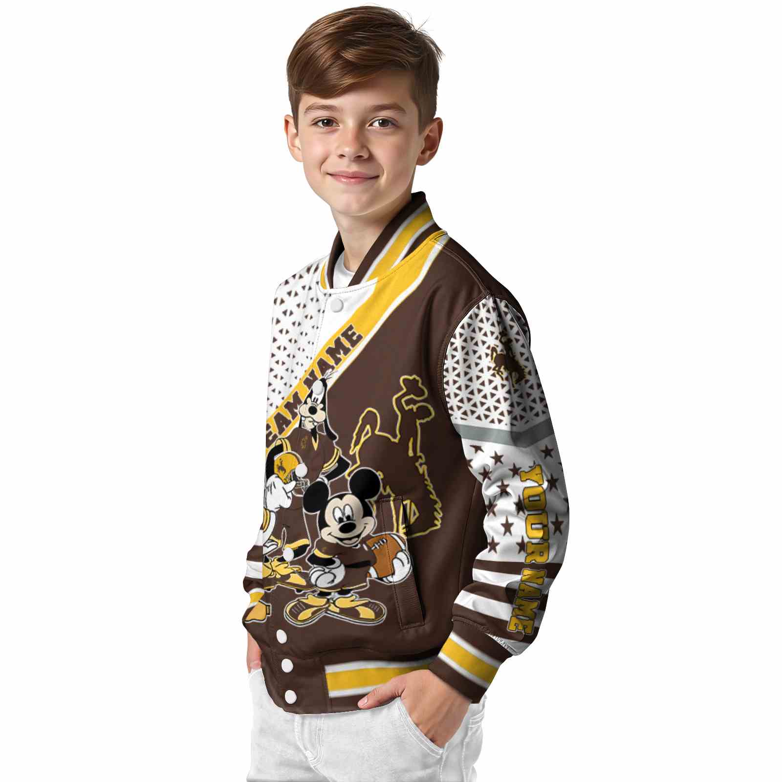 custom wyoming cowboys mickey donald goofy brown white jacket trendy jacketwow custom wyoming cowboys mickey donald goofy brown white jacket trendy jacketwow
