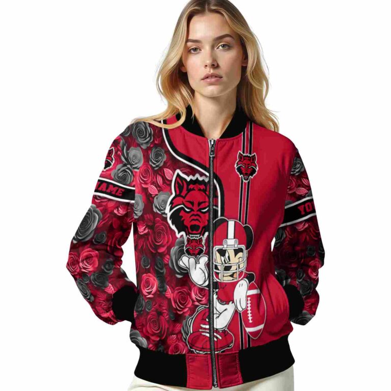customized arkansas state red wolves rose mickey scarlet jacket latest model jacketwow
