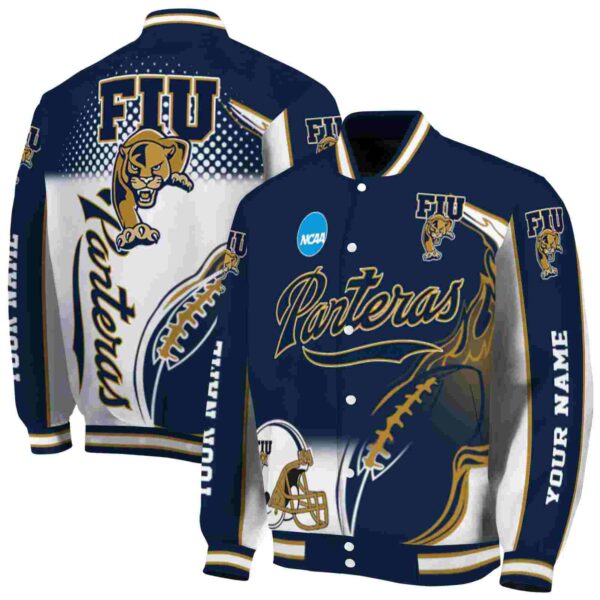 customized fiu panthers flaming football blue white jacket fashion forward jacketwow