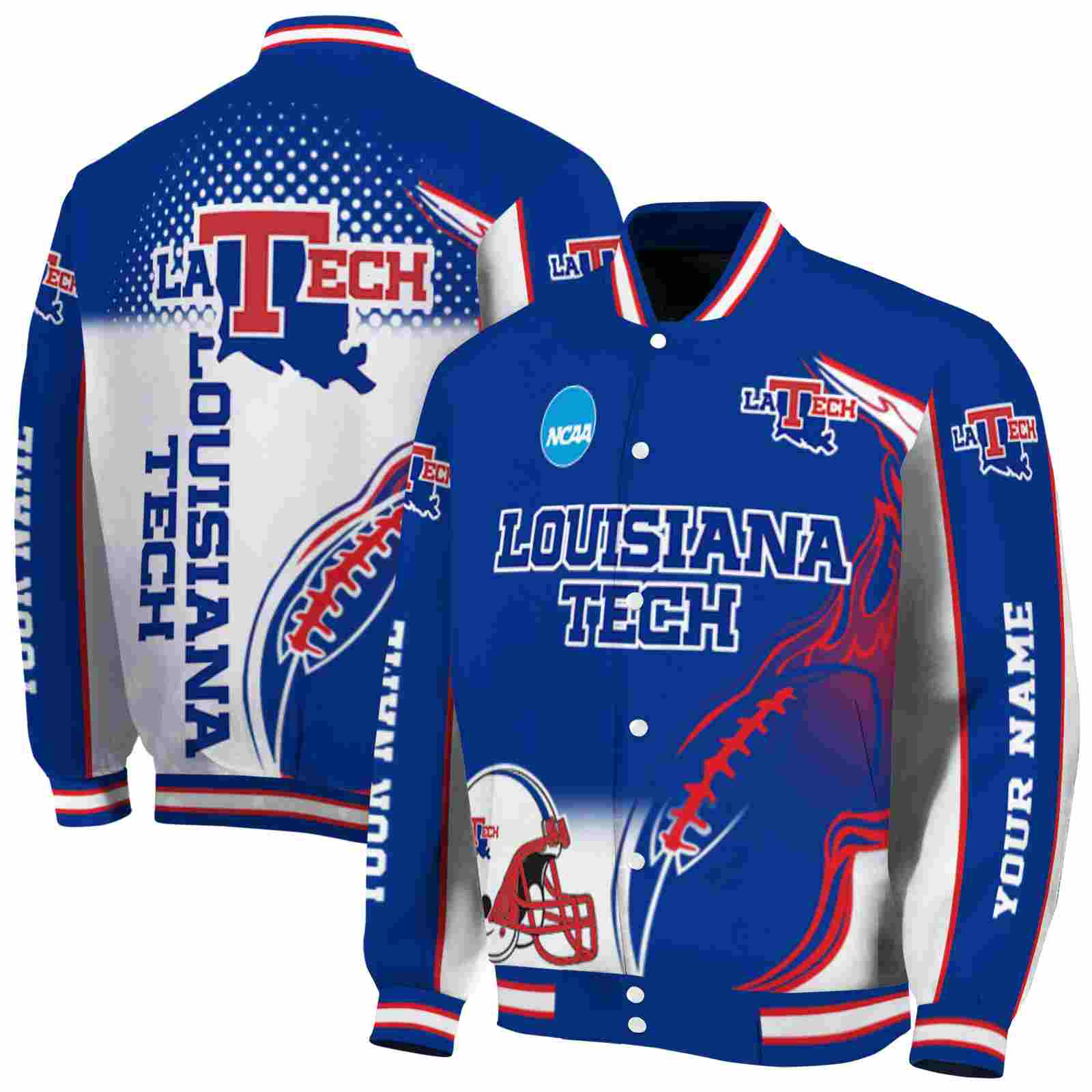 customized la tech flaming football blue white jacket fashion forward jacketwow customized la tech flaming football blue white jacket fashion forward jacketwow