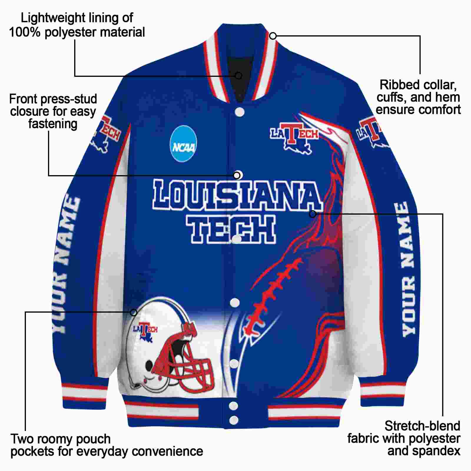 customized la tech flaming football blue white jacket new arrival jacketwow customized la tech flaming football blue white jacket new arrival jacketwow