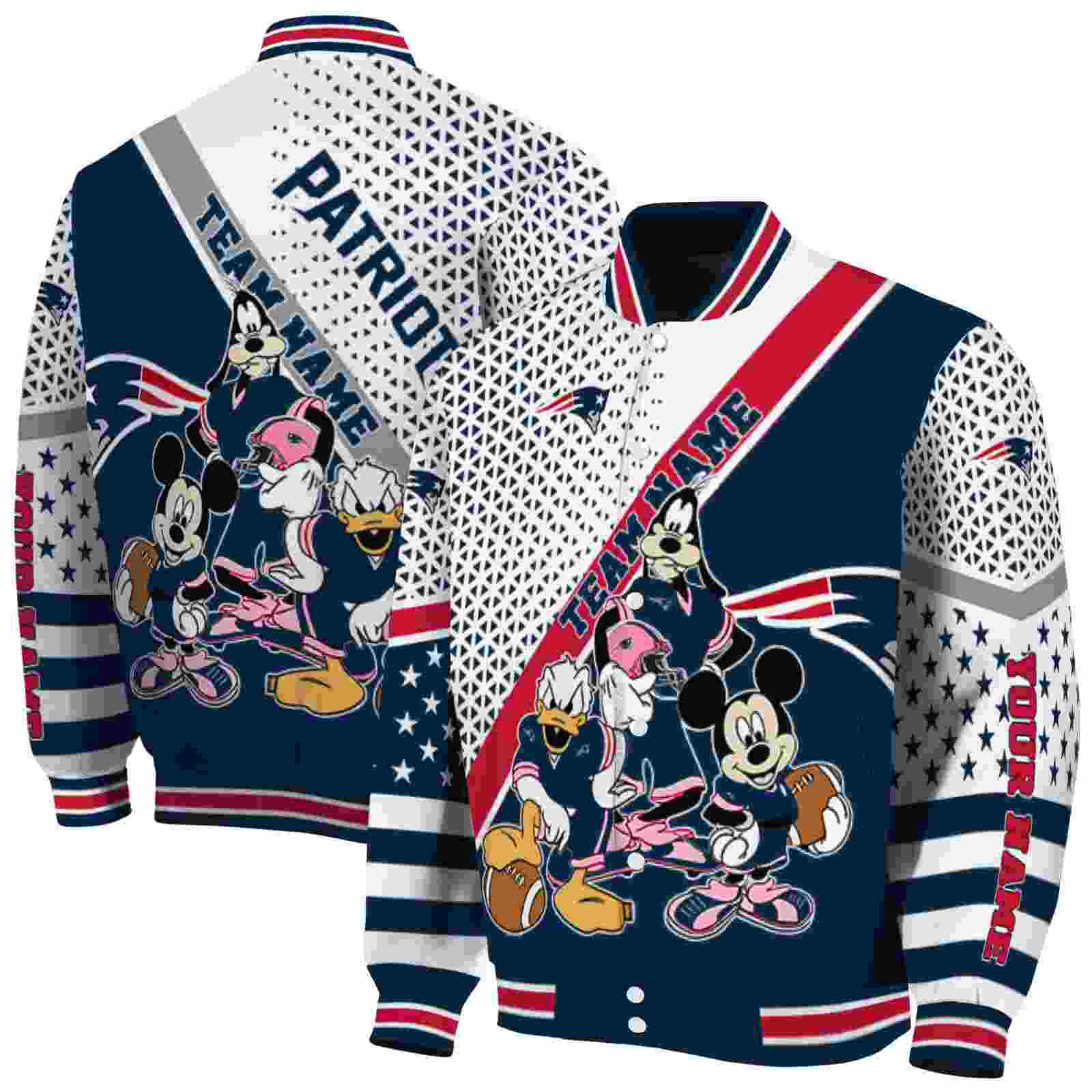 customized new england patriots mickey donald goofy blue white jacket fashion forward jacketwow customized new england patriots mickey donald goofy blue white jacket fashion forward jacketwow