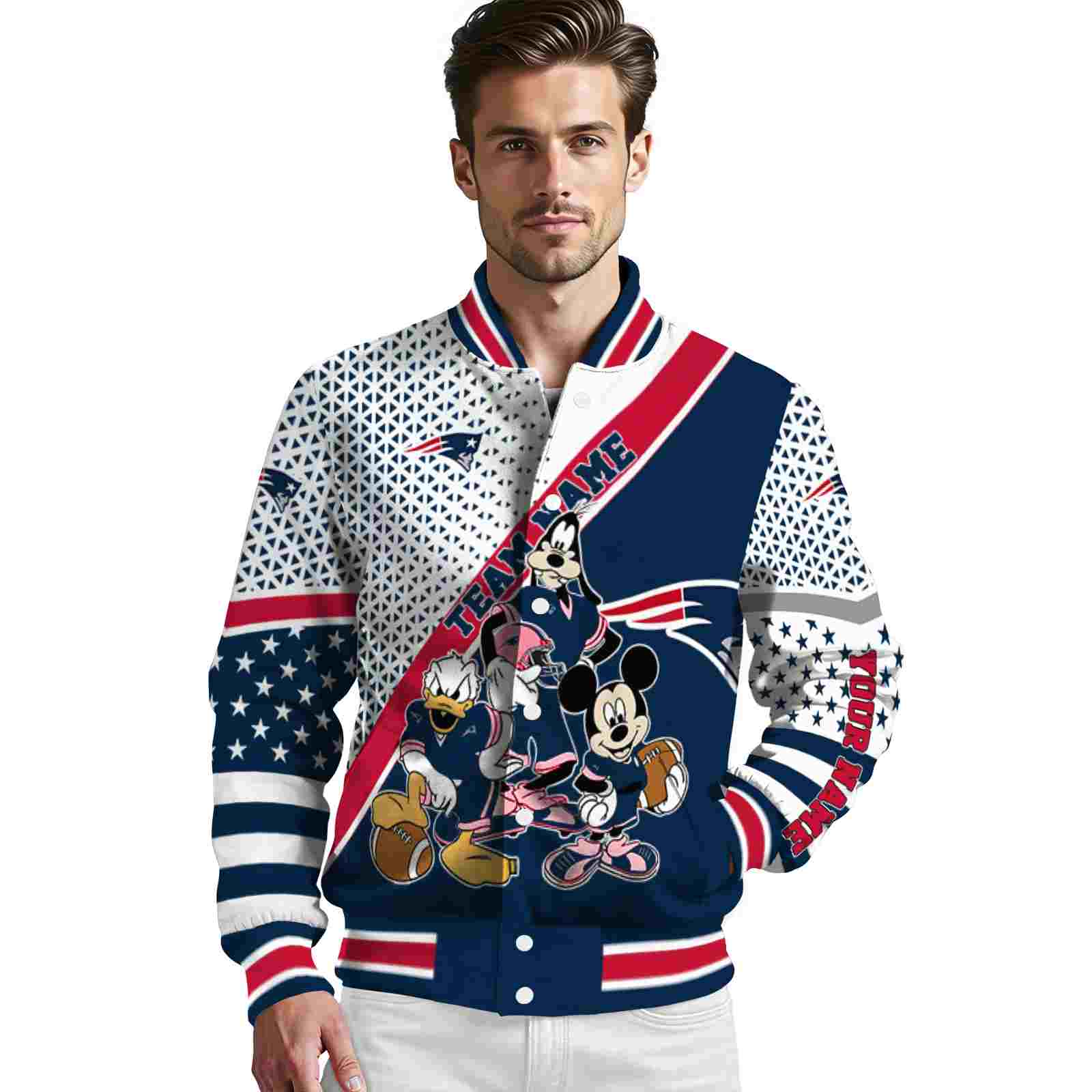 customized new england patriots mickey donald goofy blue white jacket high quality jacketwow customized new england patriots mickey donald goofy blue white jacket high quality jacketwow