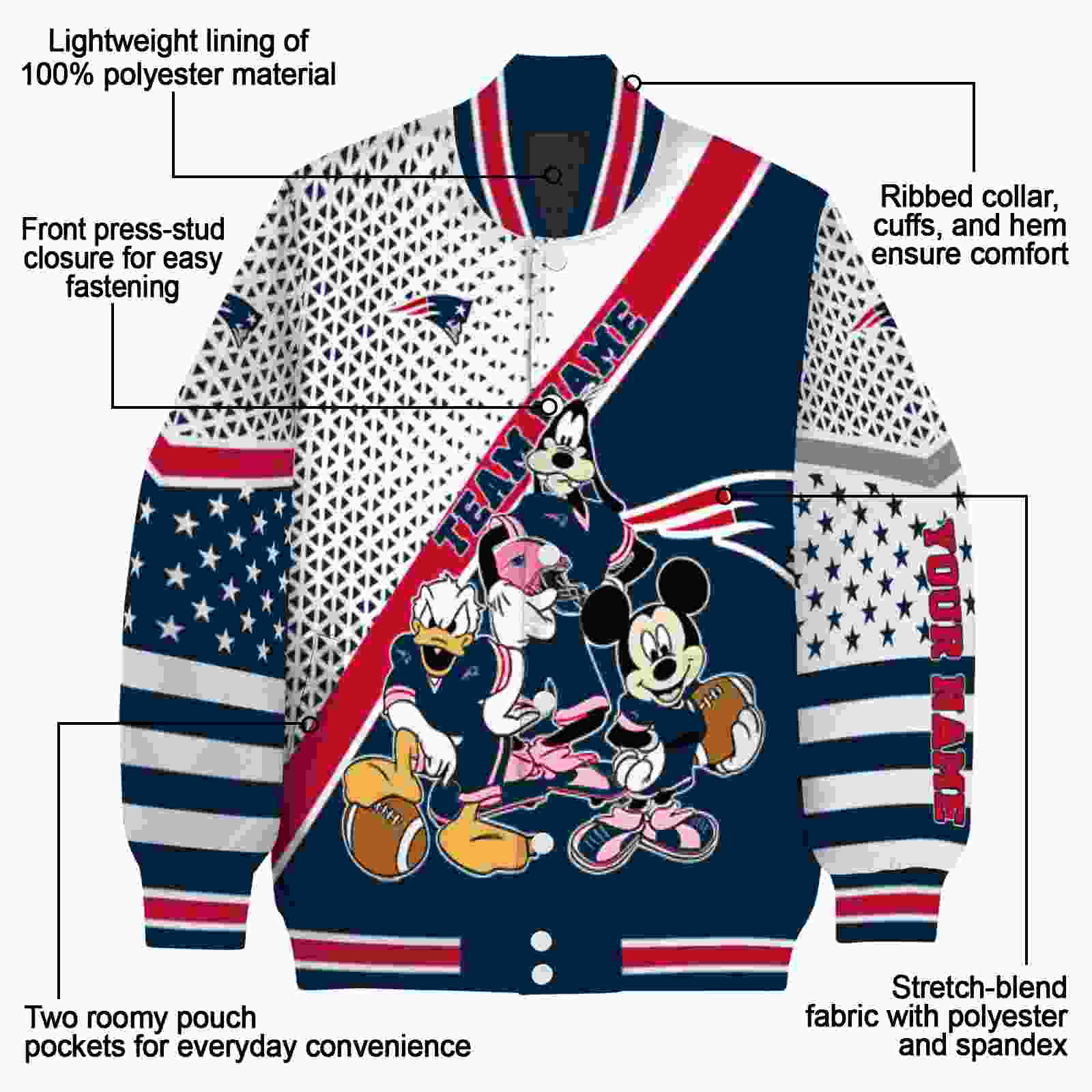 customized new england patriots mickey donald goofy blue white jacket new arrival jacketwow customized new england patriots mickey donald goofy blue white jacket new arrival jacketwow