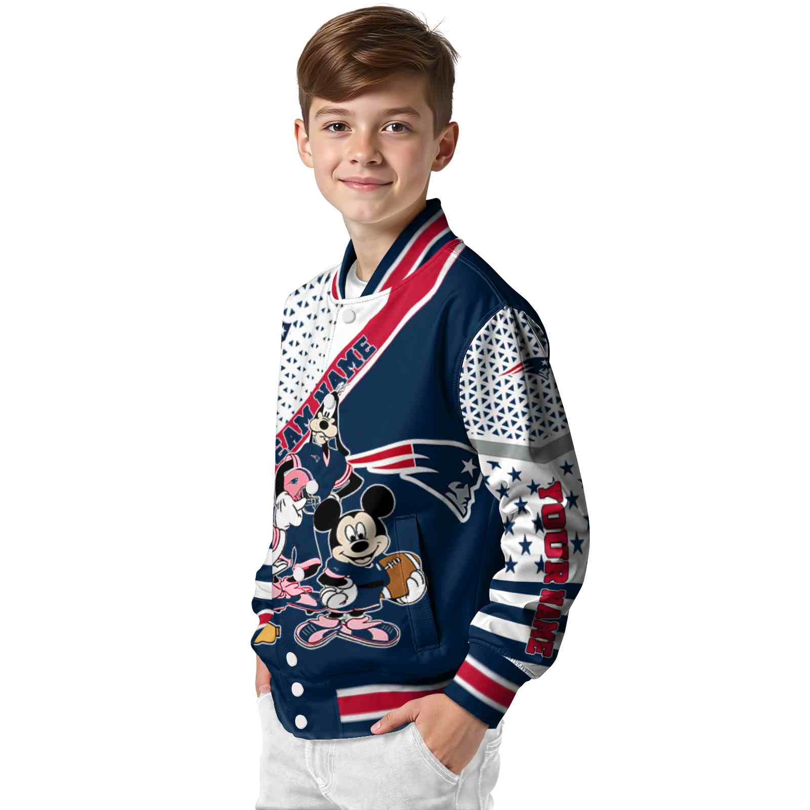 customized new england patriots mickey donald goofy blue white jacket trendy jacketwow customized new england patriots mickey donald goofy blue white jacket trendy jacketwow