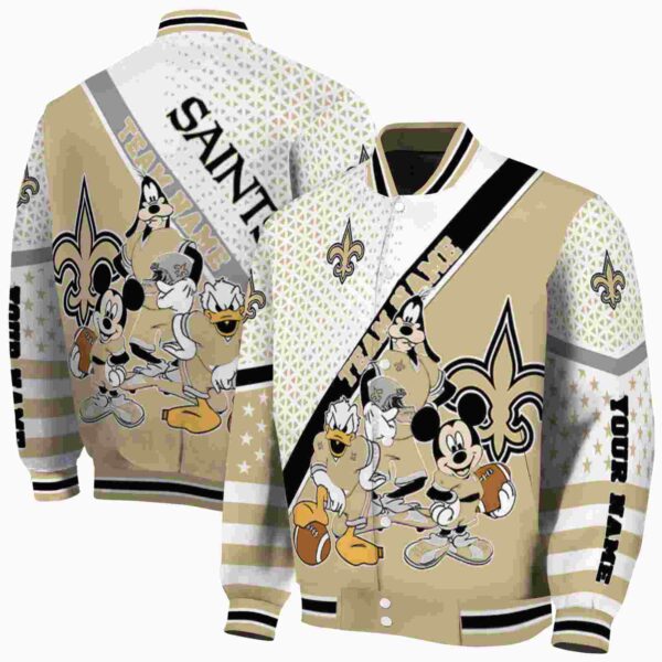 customized new orleans saints mickey donald goofy gold white jacket fashion forward jacketwow