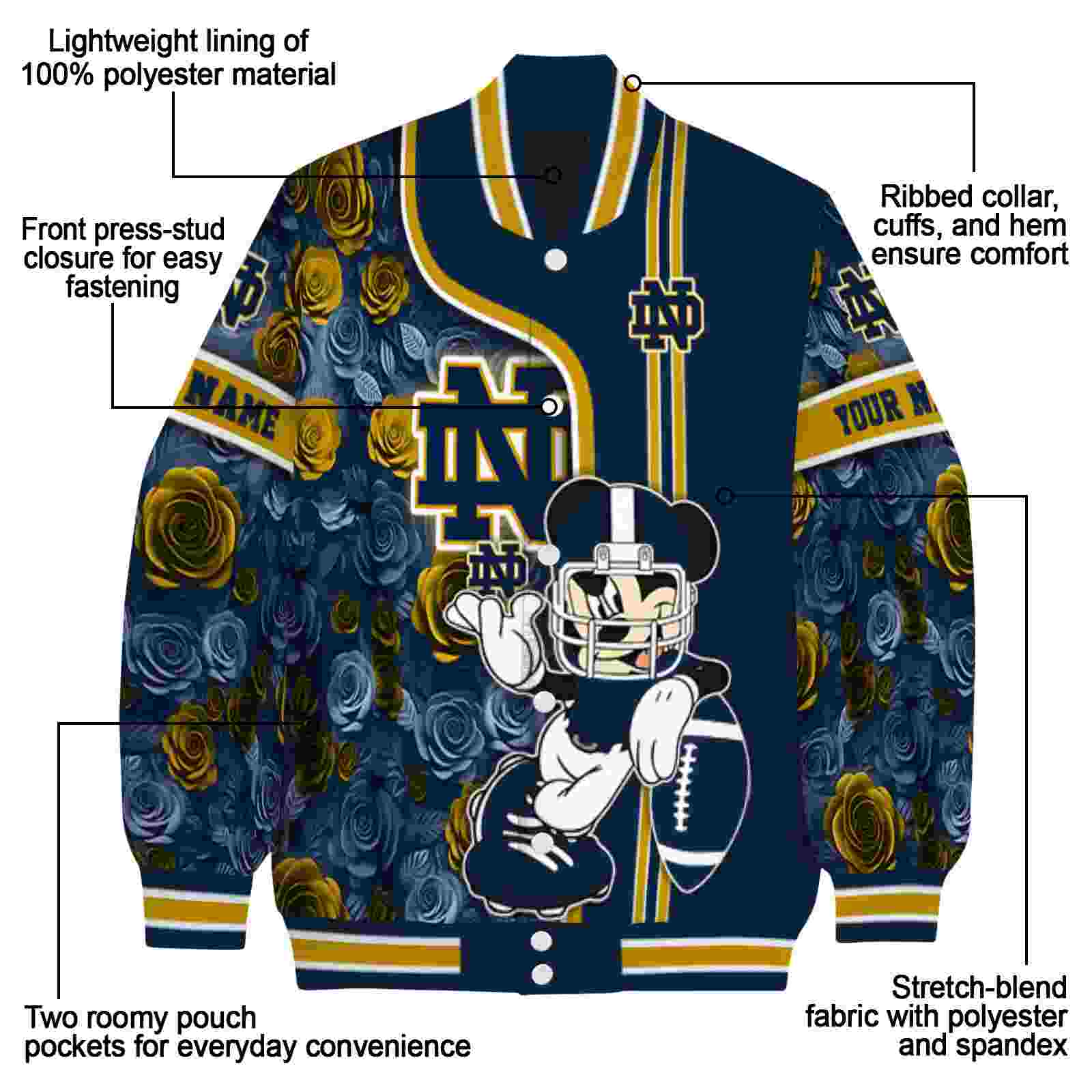 customized notre dame fighting irish rose mickey navy jacket new arrival jacketwow customized notre dame fighting irish rose mickey navy jacket new arrival jacketwow