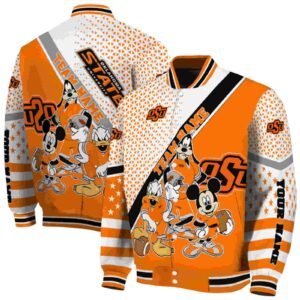 customized oklahoma state cowboys mickey donald goofy orange white jacket fashion forward jacketwow