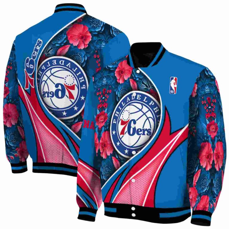 customized philadelphia 76ers floral print blue jacket fashion forward jacketwow